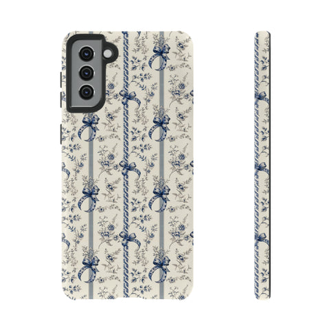 Blue Bow Phone Case - Vintage Floral Preppy Protective Phone Cover for iPhone, Samsung, Pixel