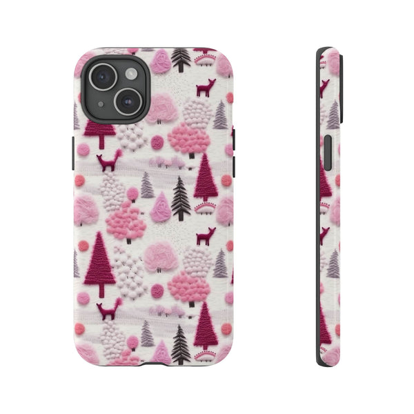 Pink Winter Woodland Aesthetic Embroidery Phone Case for iPhone, Samsung, Pixel
