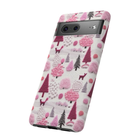 Pink Winter Woodland Aesthetic Embroidery Phone Case for iPhone, Samsung, Pixel