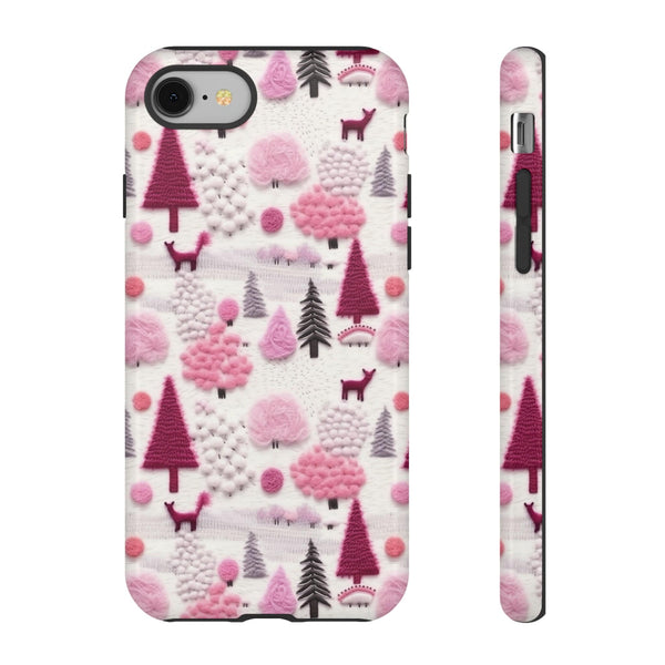 Pink Winter Woodland Aesthetic Embroidery Phone Case for iPhone, Samsung, Pixel