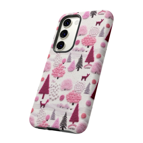 Pink Winter Woodland Aesthetic Embroidery Phone Case for iPhone, Samsung, Pixel
