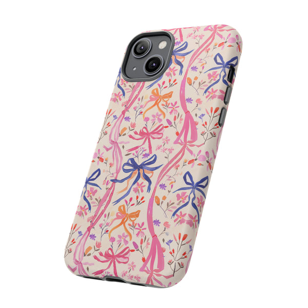 Whirly Bows Phone Case - Pink Preppy Flowers Protective Cover for iPhone, Samsung, Pixel