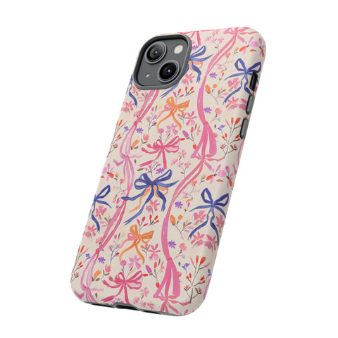 Whirly Bows Phone Case - Pink Preppy Flowers Protective Cover for iPhone, Samsung, Pixel