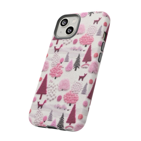 Pink Winter Woodland Aesthetic Embroidery Phone Case for iPhone, Samsung, Pixel