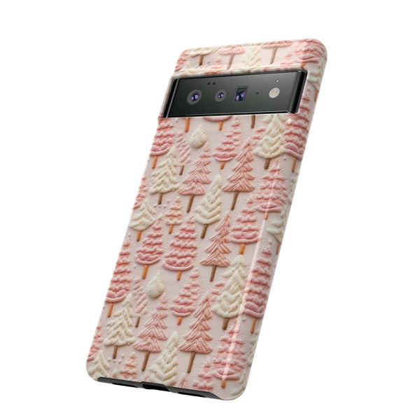 Pink Christmas Trees 3D Embroidery Phone Case for iPhone, Samsung, Pixel
