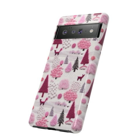 Pink Winter Woodland Aesthetic Embroidery Phone Case for iPhone, Samsung, Pixel