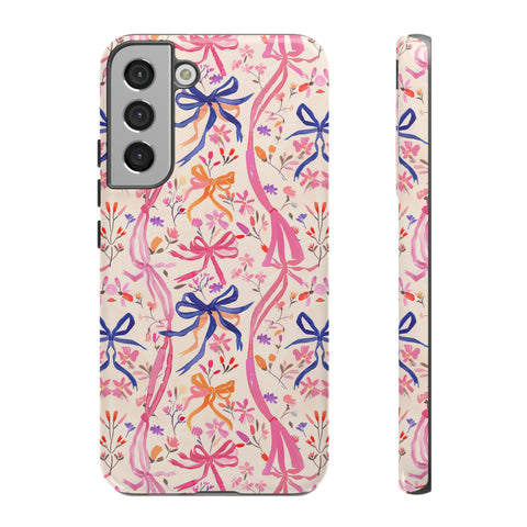 Whirly Bows Phone Case - Pink Preppy Flowers Protective Cover for iPhone, Samsung, Pixel