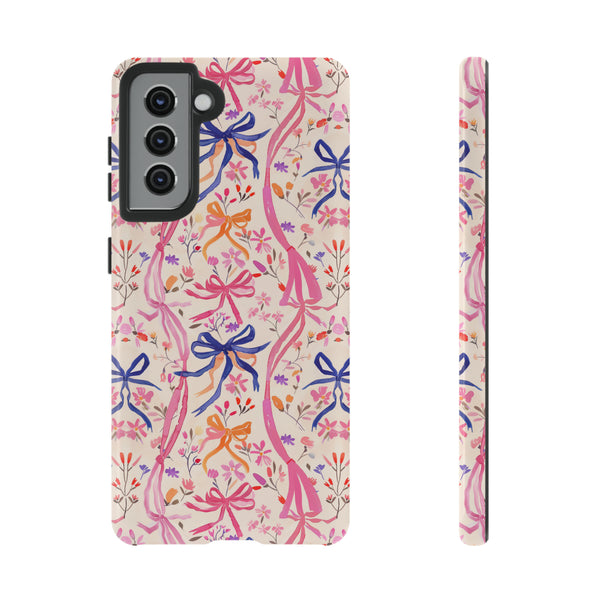 Whirly Bows Phone Case - Pink Preppy Flowers Protective Cover for iPhone, Samsung, Pixel