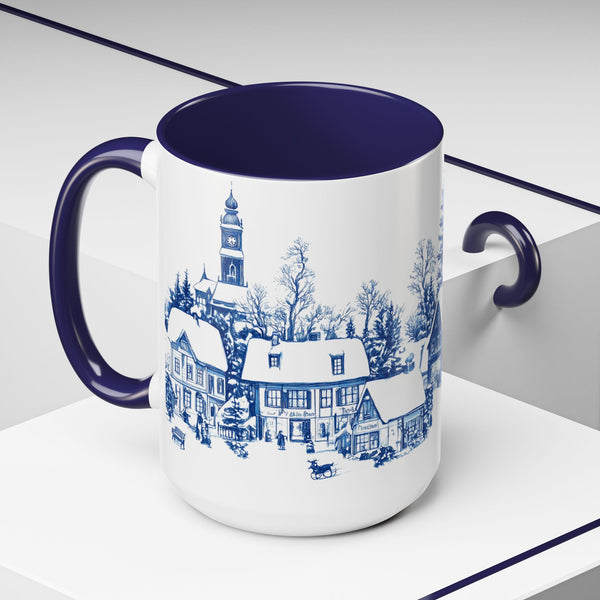 Blue Snowy Winter Village Mug - Holiday Christmas Art Cup for Coffee, Tea, Hot Cocoa