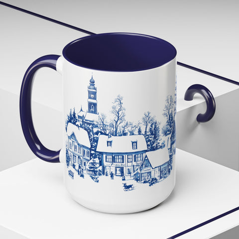Blue Snowy Winter Village Mug - Holiday Christmas Art Cup for Coffee, Tea, Hot Cocoa
