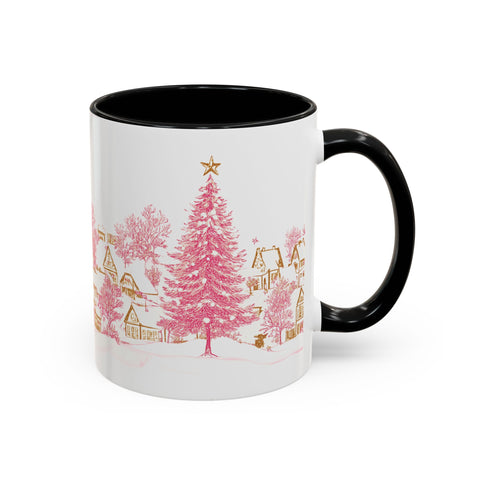 Pink Christmas Village Mug - Festive Aesthetic Holiday Cup for Coffee, Tea, Hot Cocoa