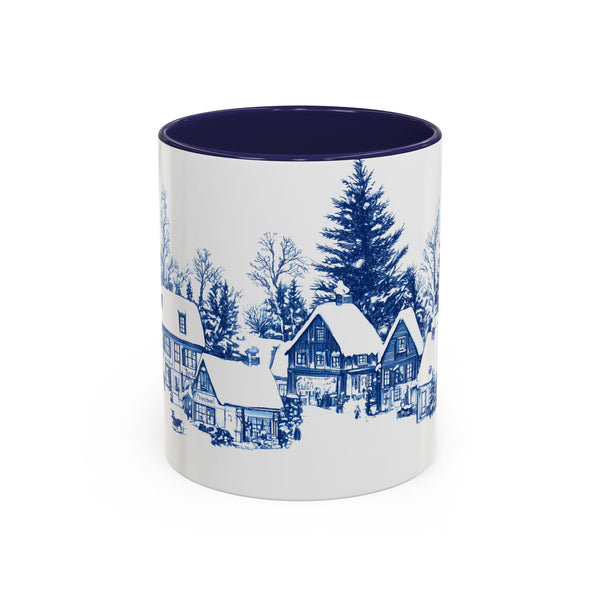 Blue Snowy Winter Village Mug - Holiday Christmas Art Cup for Coffee, Tea, Hot Cocoa