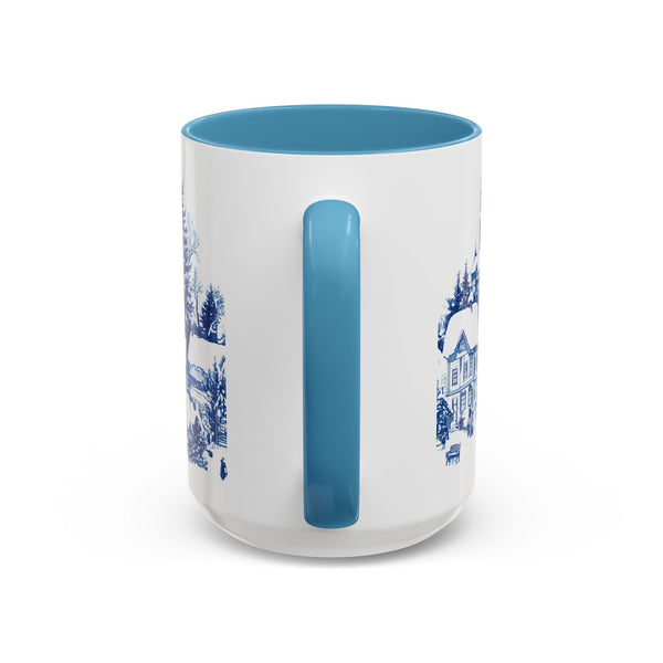 Blue Snowy Winter Village Mug - Holiday Christmas Art Cup for Coffee, Tea, Hot Cocoa
