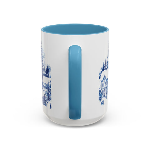 Blue Snowy Winter Village Mug - Holiday Christmas Art Cup for Coffee, Tea, Hot Cocoa
