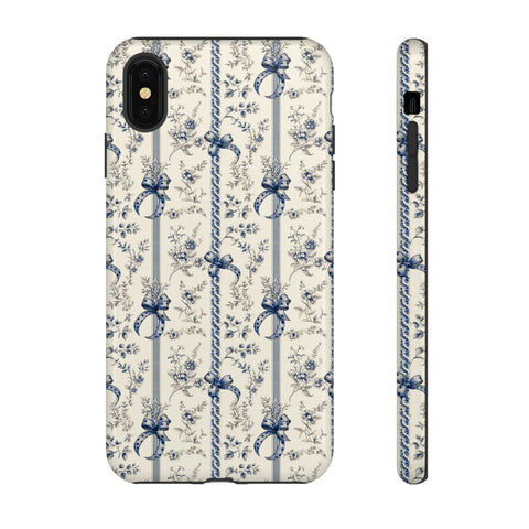 Blue Bow Phone Case - Vintage Floral Preppy Protective Phone Cover for iPhone, Samsung, Pixel