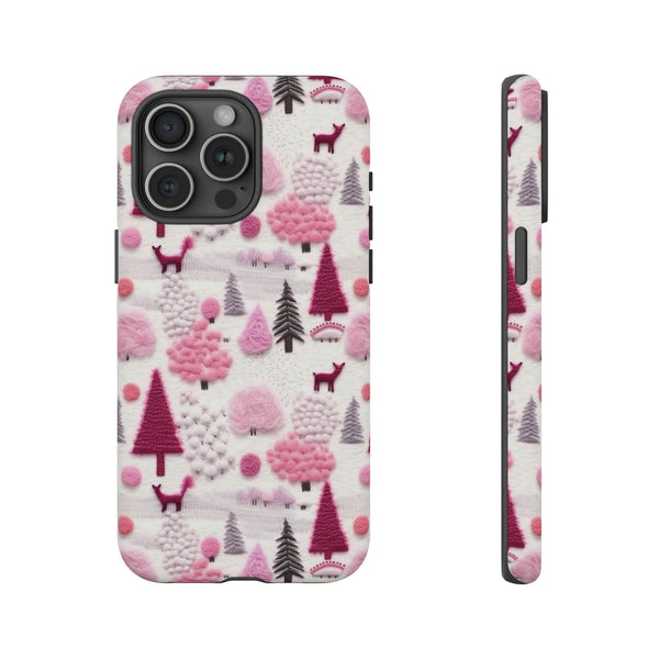 Pink Winter Woodland Aesthetic Embroidery Phone Case for iPhone, Samsung, Pixel