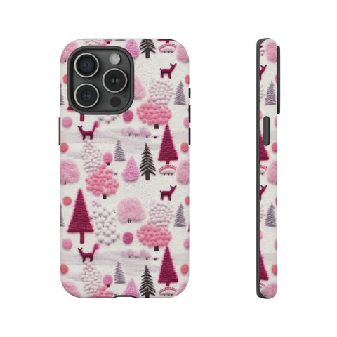 Pink Winter Woodland Aesthetic Embroidery Phone Case for iPhone, Samsung, Pixel