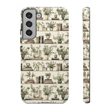 Bookshelf Phone Case - Neutral Beige Books and Plants Protective Cover for iPhone, Samsung, Pixel