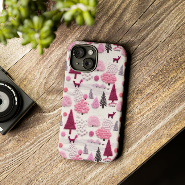 Pink Winter Woodland Aesthetic Embroidery Phone Case for iPhone, Samsung, Pixel