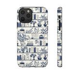 Bookshelf Phone Case - Blue and White Floral Books Protective Cover for iPhone, Samsung, Pixel