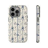 Blue Bow Phone Case - Vintage Floral Preppy Protective Phone Cover for iPhone, Samsung, Pixel