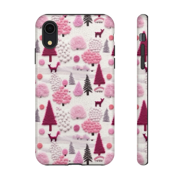 Pink Winter Woodland Aesthetic Embroidery Phone Case for iPhone, Samsung, Pixel