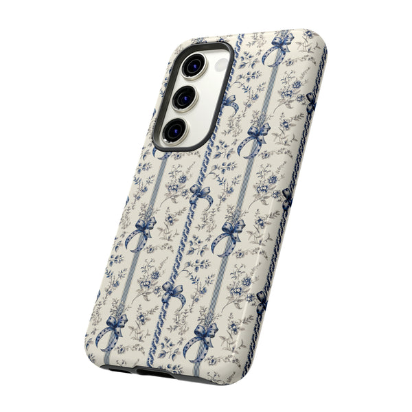 Blue Bow Phone Case - Vintage Floral Preppy Protective Phone Cover for iPhone, Samsung, Pixel