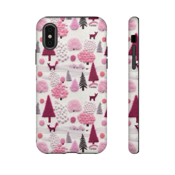 Pink Winter Woodland Aesthetic Embroidery Phone Case for iPhone, Samsung, Pixel