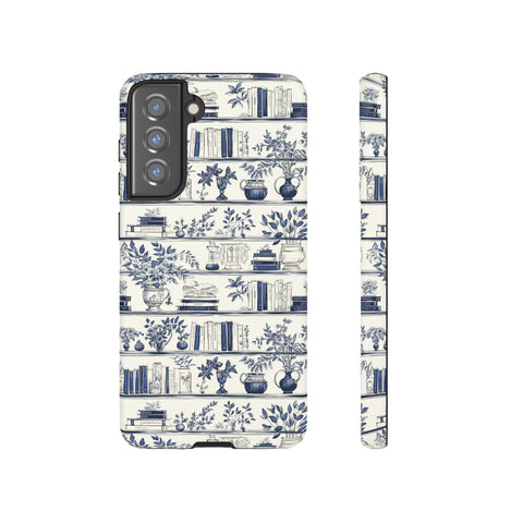 Bookshelf Phone Case - Blue and White Floral Books Protective Cover for iPhone, Samsung, Pixel