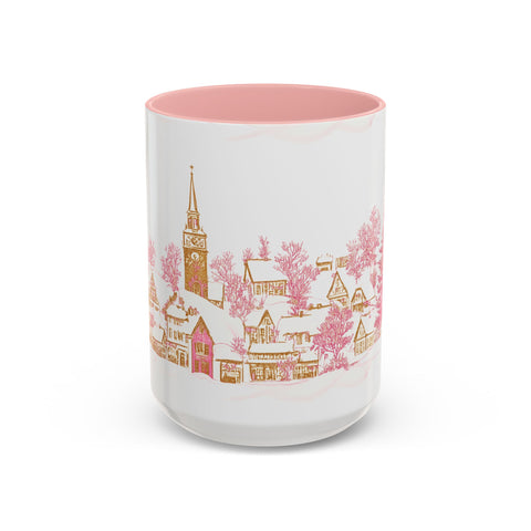 Pink Christmas Village Mug - Festive Aesthetic Holiday Cup for Coffee, Tea, Hot Cocoa