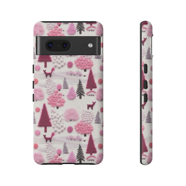 Pink Winter Woodland Aesthetic Embroidery Phone Case for iPhone, Samsung, Pixel