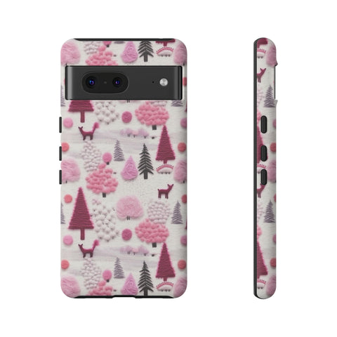 Pink Winter Woodland Aesthetic Embroidery Phone Case for iPhone, Samsung, Pixel