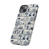 Bookshelf Phone Case - Blue and White Floral Books Protective Cover for iPhone, Samsung, Pixel