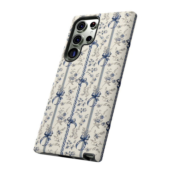 Blue Bow Phone Case - Vintage Floral Preppy Protective Phone Cover for iPhone, Samsung, Pixel