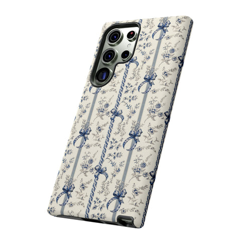 Blue Bow Phone Case - Vintage Floral Preppy Protective Phone Cover for iPhone, Samsung, Pixel