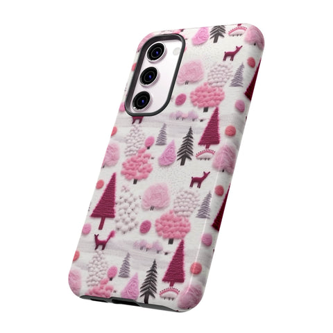 Pink Winter Woodland Aesthetic Embroidery Phone Case for iPhone, Samsung, Pixel