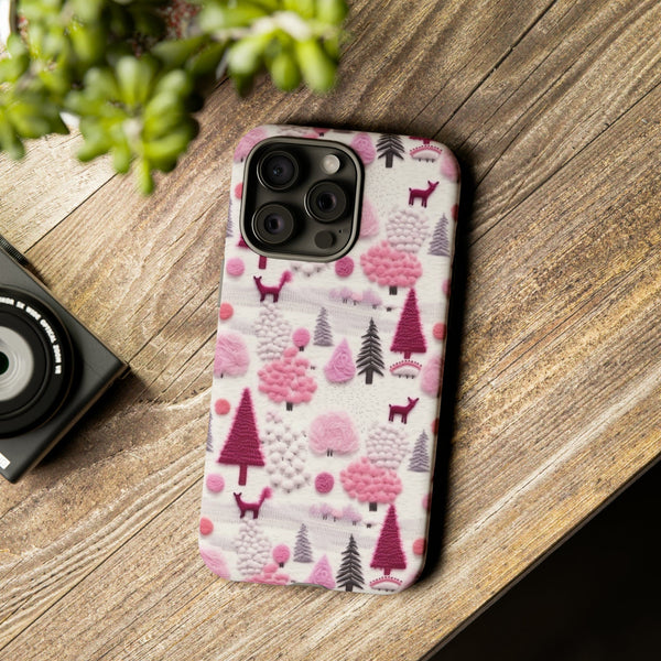 Pink Winter Woodland Aesthetic Embroidery Phone Case for iPhone, Samsung, Pixel