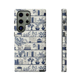 Bookshelf Phone Case - Blue and White Floral Books Protective Cover for iPhone, Samsung, Pixel