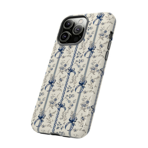 Blue Bow Phone Case - Vintage Floral Preppy Protective Phone Cover for iPhone, Samsung, Pixel