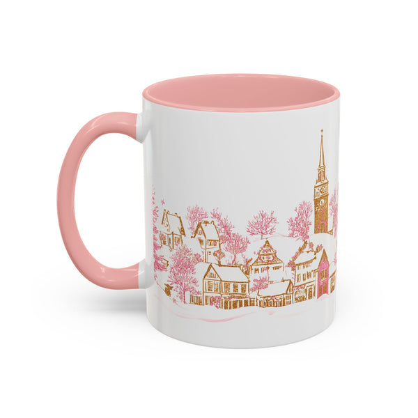 Pink Christmas Village Mug - Festive Aesthetic Holiday Cup for Coffee, Tea, Hot Cocoa