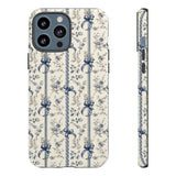 Blue Bow Phone Case - Vintage Floral Preppy Protective Phone Cover for iPhone, Samsung, Pixel