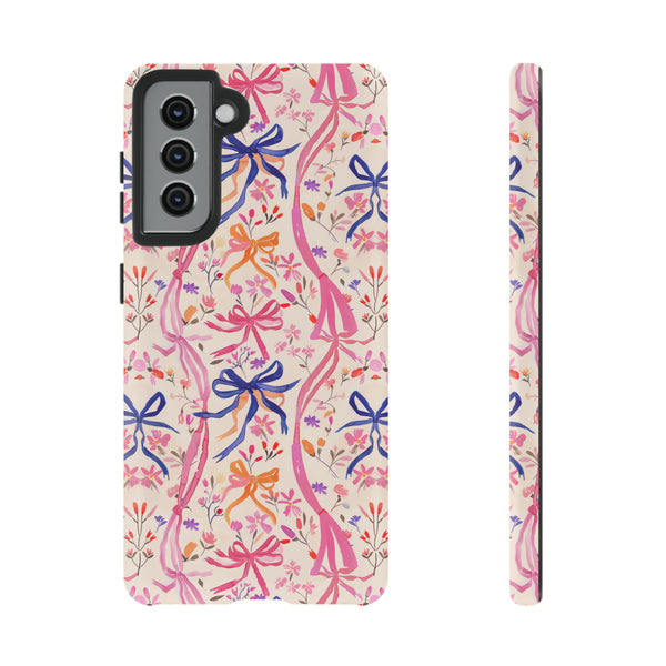 Whirly Bows Phone Case - Pink Preppy Flowers Protective Cover for iPhone, Samsung, Pixel
