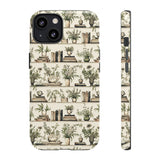 Bookshelf Phone Case - Neutral Beige Books and Plants Protective Cover for iPhone, Samsung, Pixel