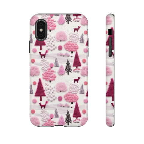 Pink Winter Woodland Aesthetic Embroidery Phone Case for iPhone, Samsung, Pixel