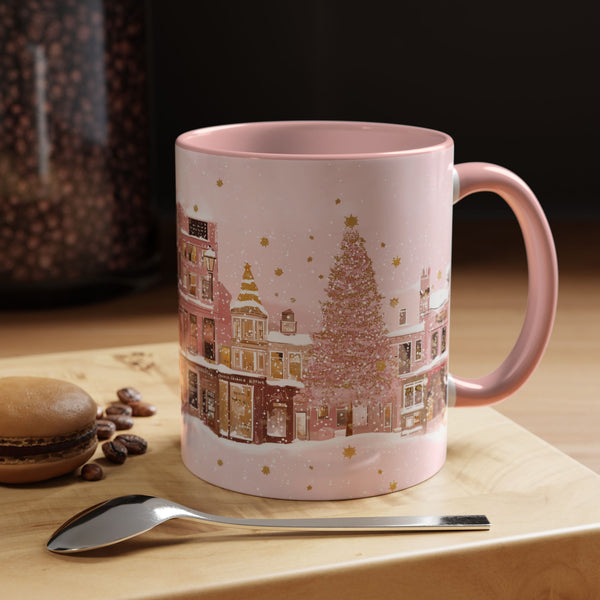 Pink Christmas Town Mug - Festive Holiday Village Art Cup for Coffee, Tea, Hot Chocolate