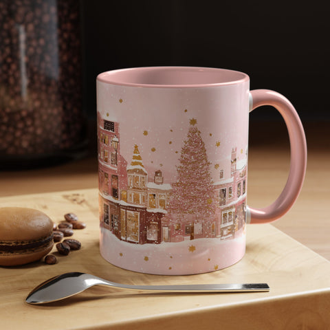 Pink Christmas Town Mug - Festive Holiday Village Art Cup for Coffee, Tea, Hot Chocolate