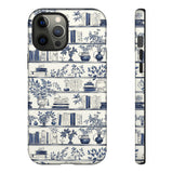 Bookshelf Phone Case - Blue and White Floral Books Protective Cover for iPhone, Samsung, Pixel
