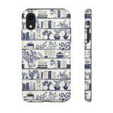 Bookshelf Phone Case - Blue and White Floral Books Protective Cover for iPhone, Samsung, Pixel