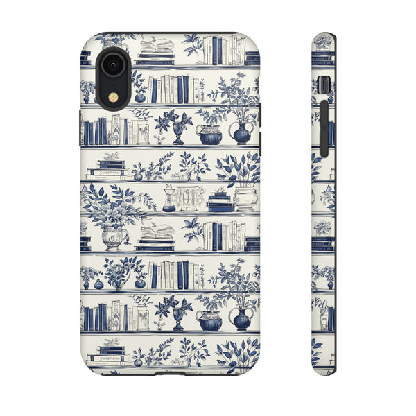 Bookshelf Phone Case - Blue and White Floral Books Protective Cover for iPhone, Samsung, Pixel