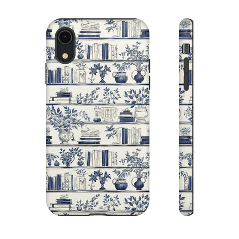 Bookshelf Phone Case - Blue and White Floral Books Protective Cover for iPhone, Samsung, Pixel